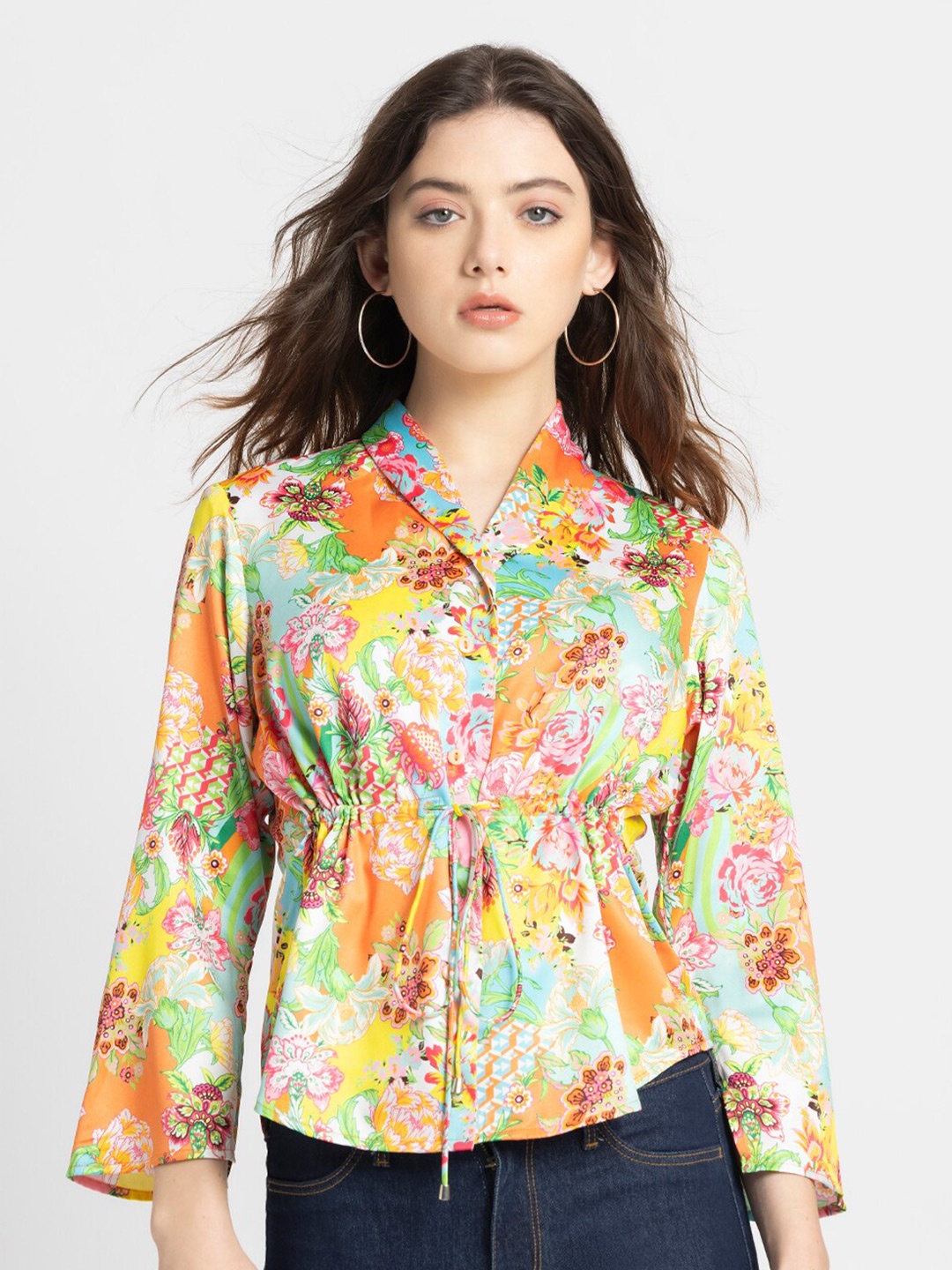 

SHAYE Smart Floral Shawl Collar Three-Quarter Sleeves Opaque Printed Casual Shirt, Orange