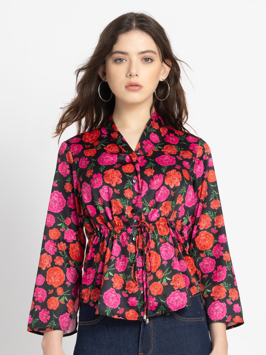 

SHAYE Smart Floral Satin Shawl Collar Opaque Printed Casual Shirt, Black