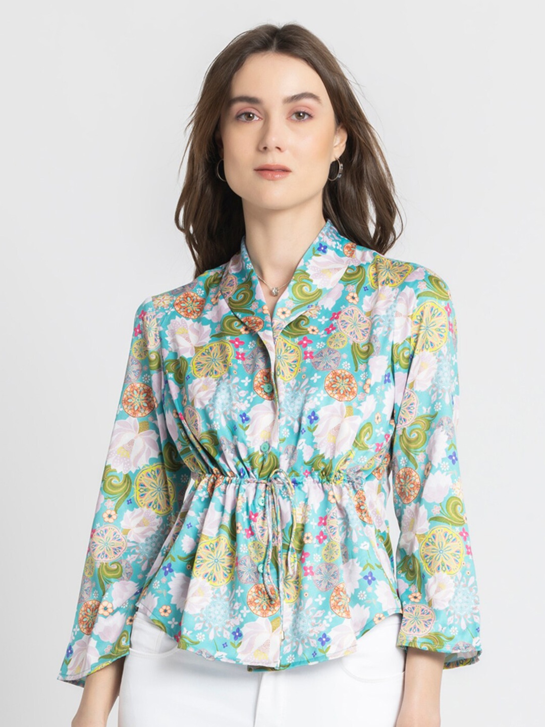

SHAYE Smart Floral Satin Shawl Collar Opaque Printed Casual Shirt, Green