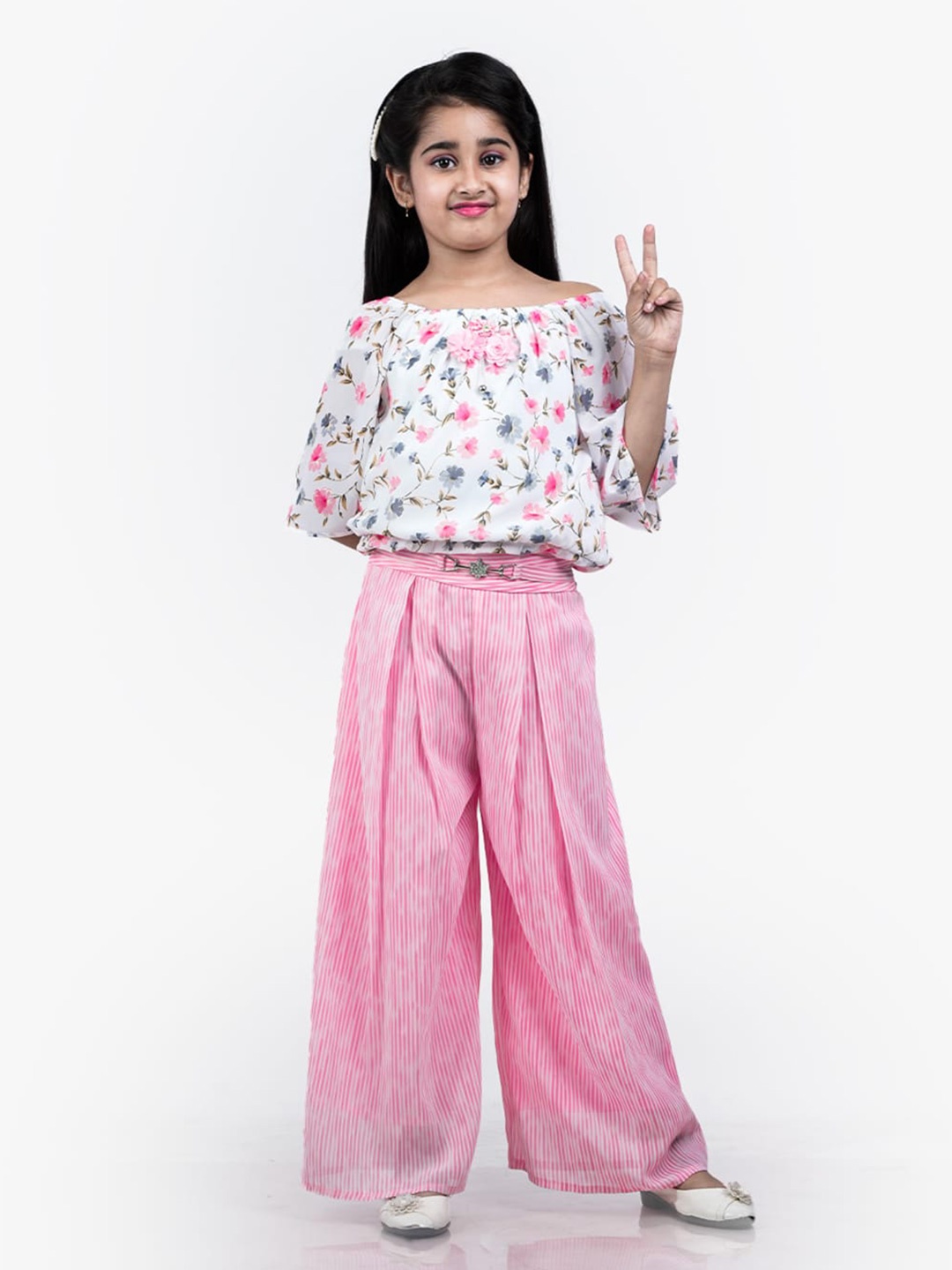 

BURBN Girls Printed Off Shoulder Top With Palazzos, Pink