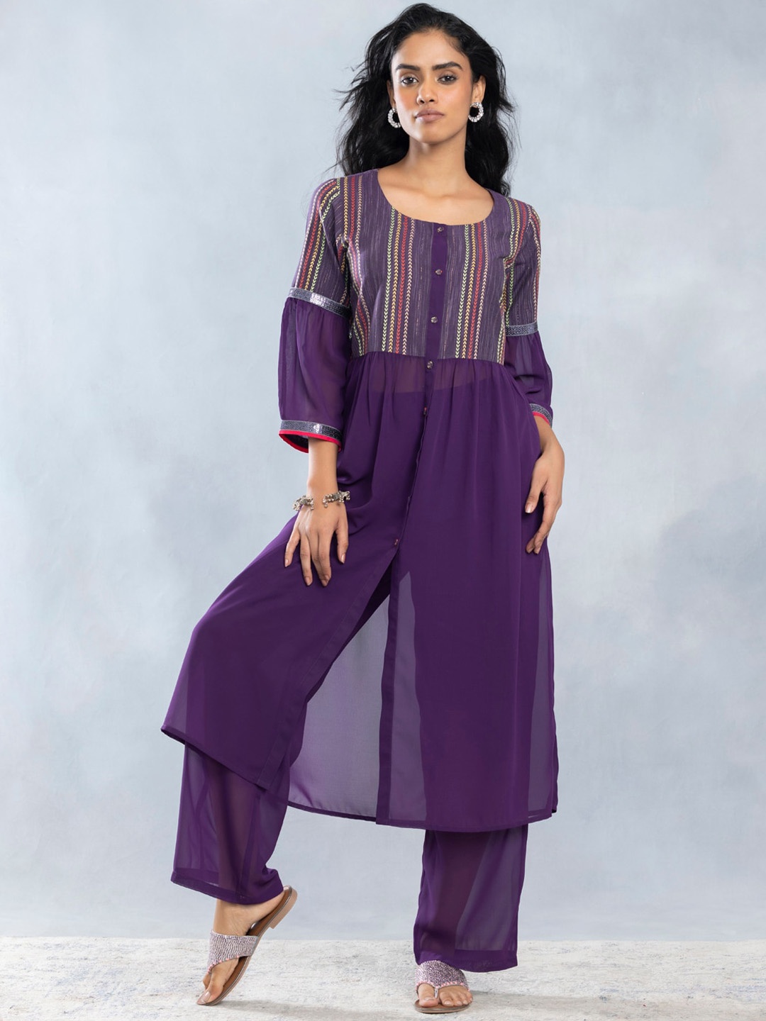 

SHAYE Striped A-Line Kurta with Palazzos, Purple