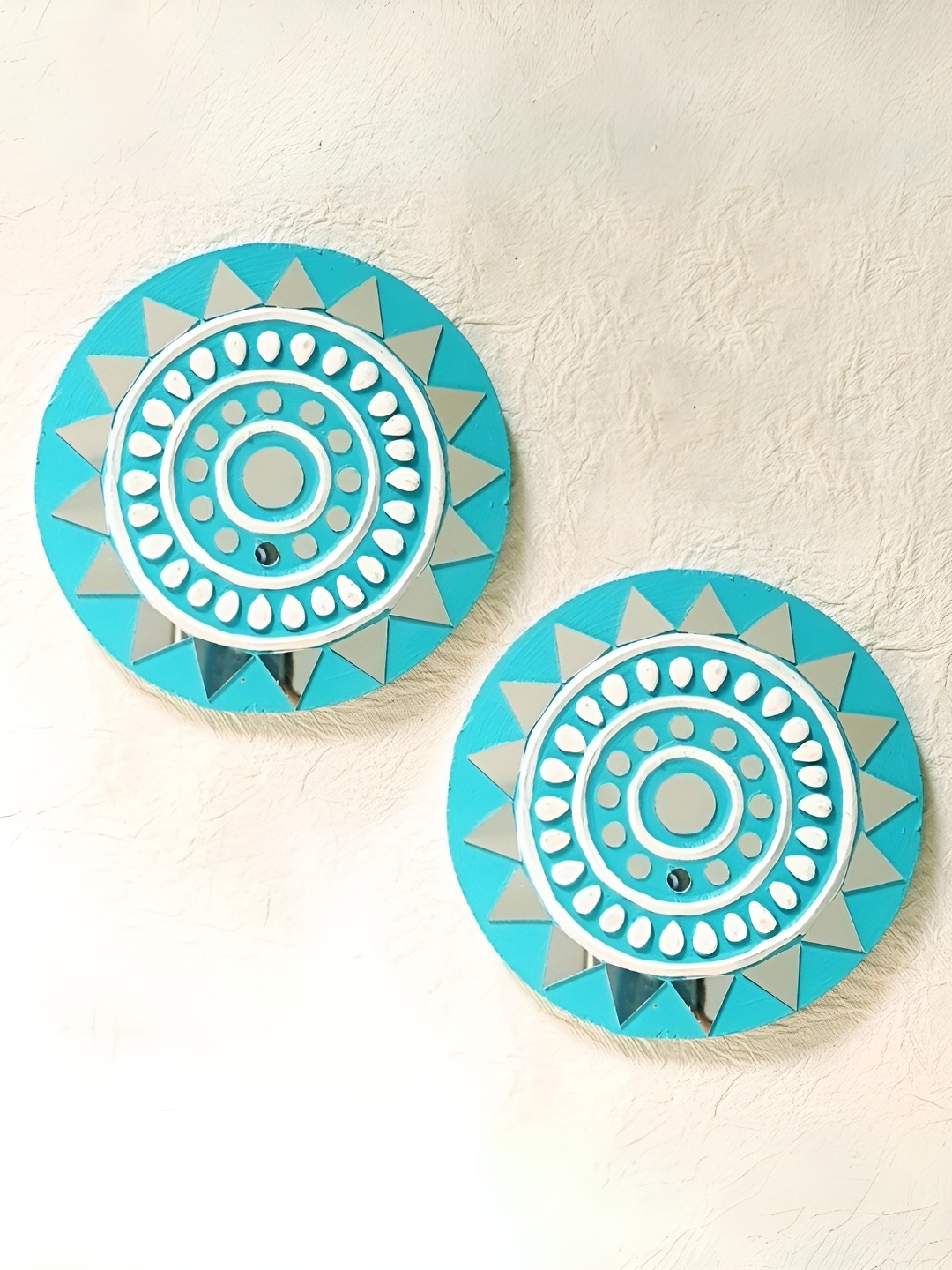 

Peepul Tree 2 Pieces Turquoise Blue Mirror Work Clay Wall Hanging