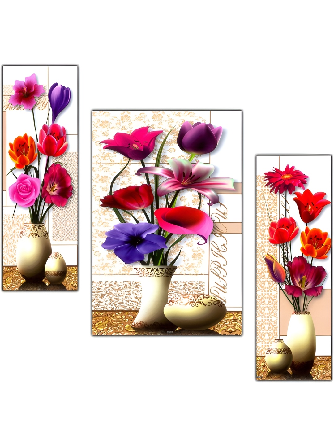 

PnF Cream-Coloured & Purple 3 Piece Wood Floral and Botanical Wall Paintings