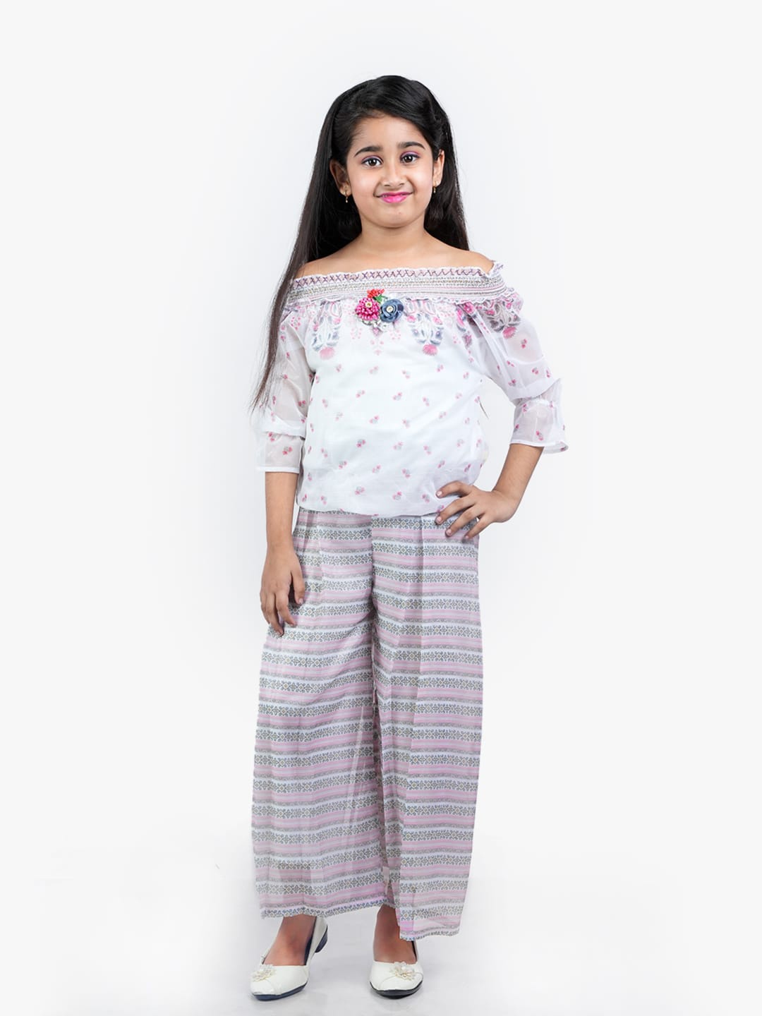 

BURBN Girls Floral Printed Off-Shoulder Top with Palazzos, Lavender