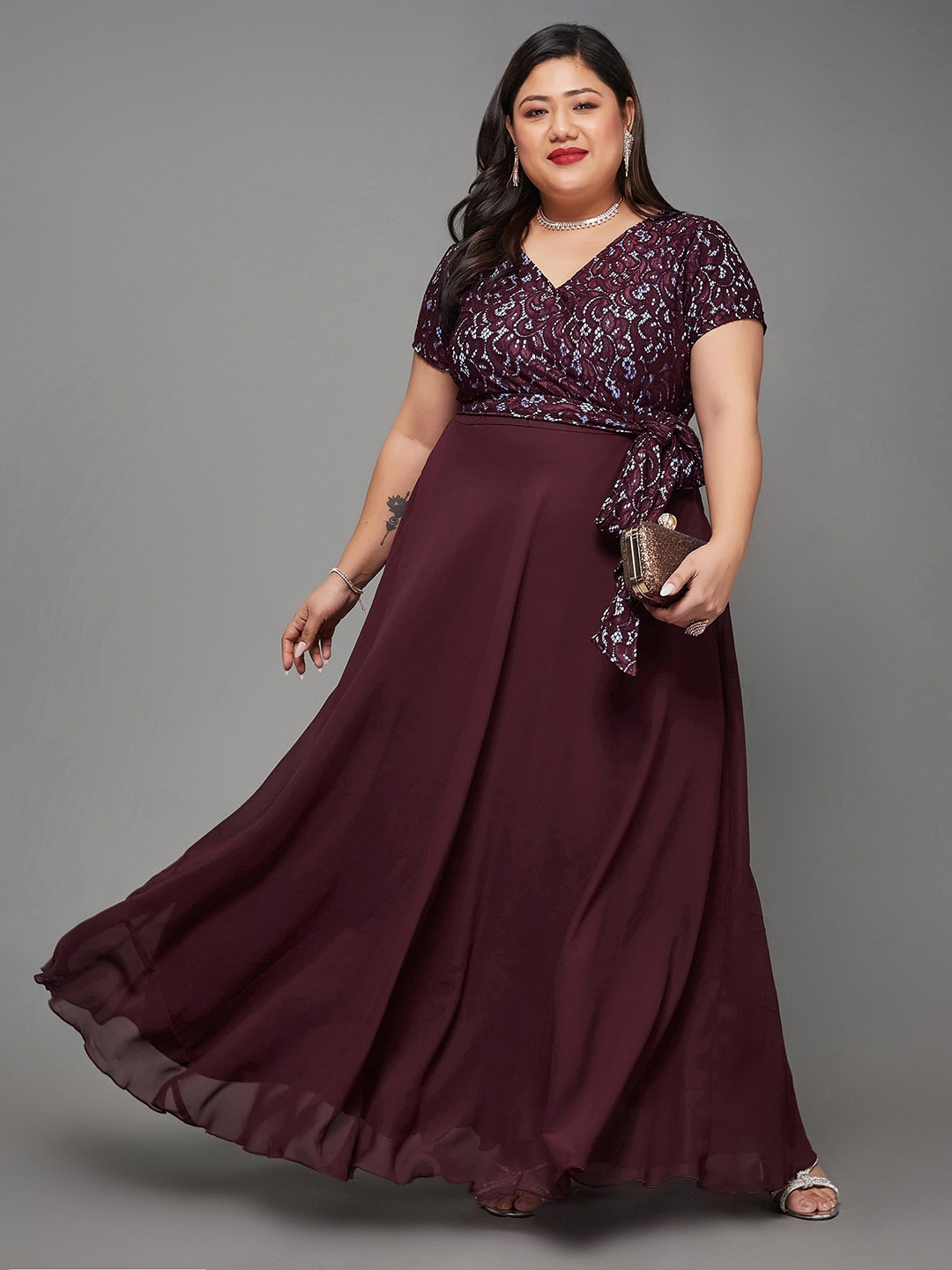 

Miss Chase A+ Plus Size Miss Chase Self Design V-Neck Lace Overlaid Maxi Georgette Dress, Maroon