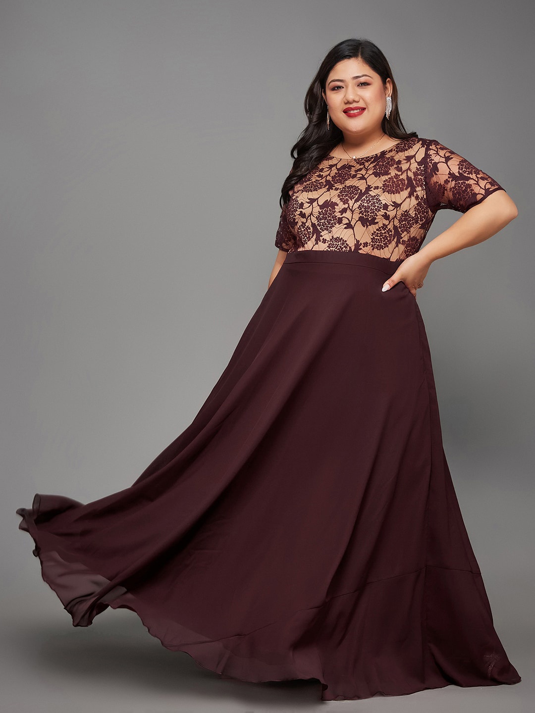 

Miss Chase A+ Plus Size Miss Chase Self Design Round Neck Fit & Flare Maxi Dress, Maroon