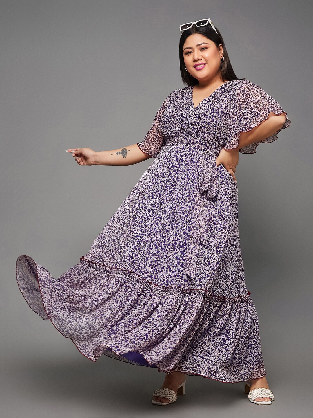 

Miss Chase A+ Plus Size Abstract Printed Flared V-Neck Maxi Dress, Blue
