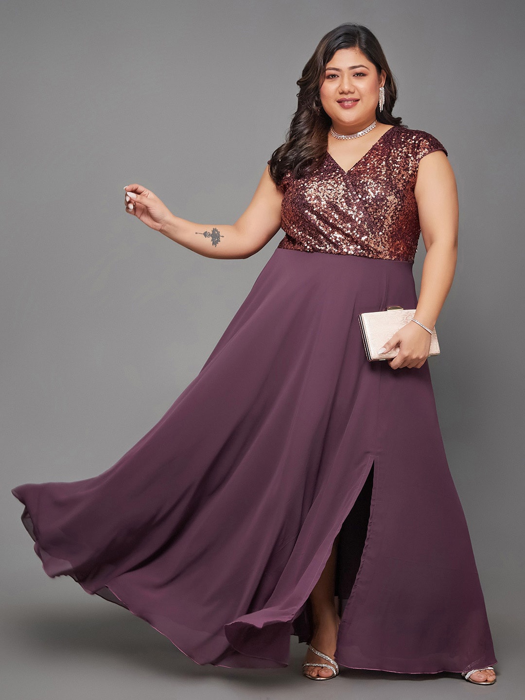 

Miss Chase A+ Plus Size Embellished Georgette Fit & Flare Maxi Dress With Slit, Mauve