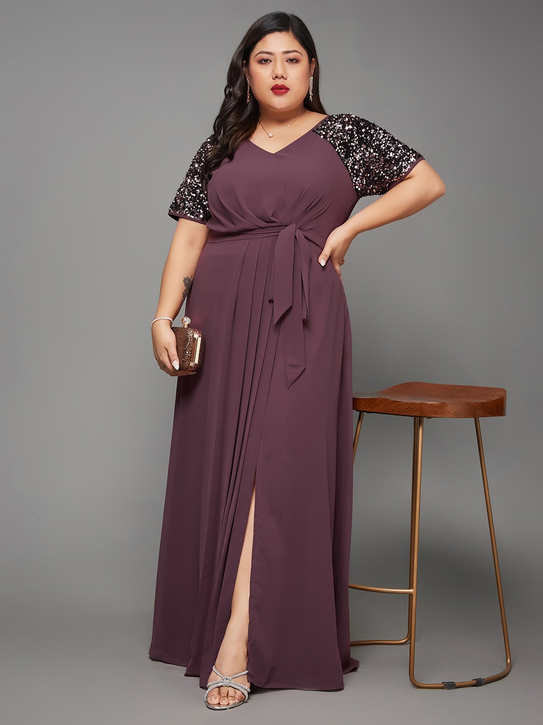 

Miss Chase A+ Plus Size Embellished Georgette V-Neck Flared Maxi Dress With Slit, Mauve