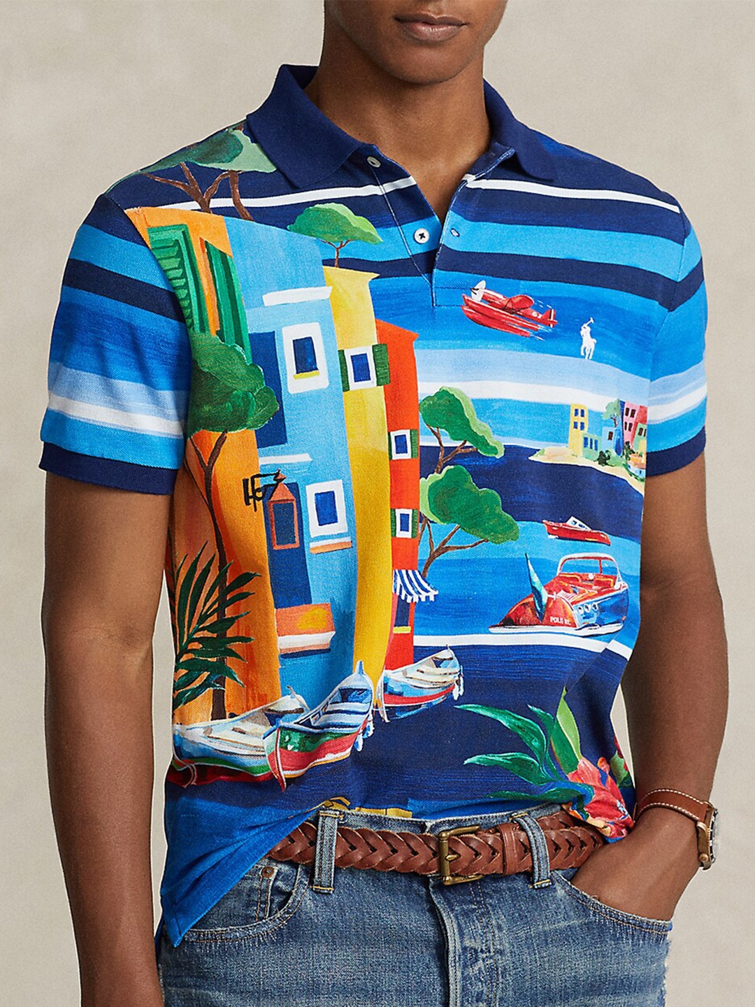 

Polo Ralph Lauren Graphic Printed Polo Collar Cotton Slim-Fit T-shirt, Blue
