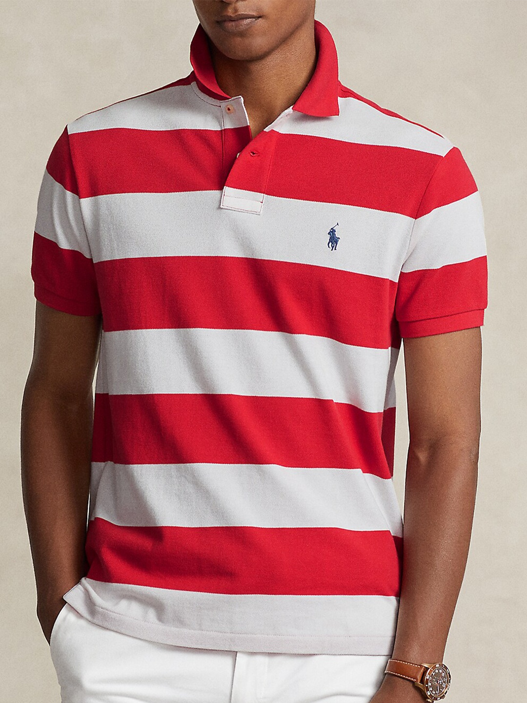 

Polo Ralph Lauren Polo Collar Short Sleeves Striped Slim Fit Cotton T-Shirt, Red