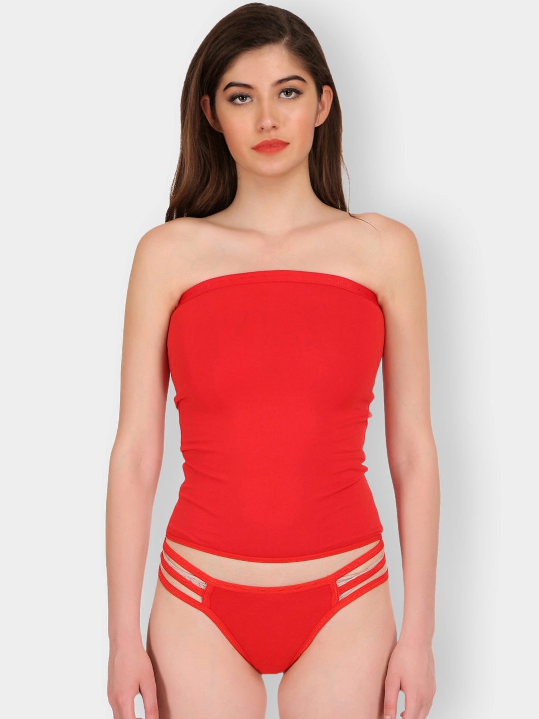 

SELFCARE Solid Cotton Tube Crop Camisoles & Brief Set - SN1467, Red