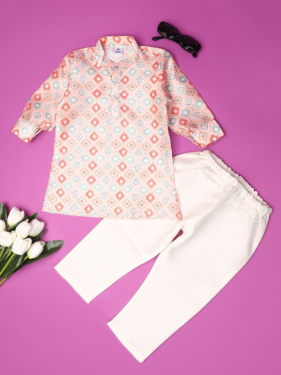 

V-Mart Infants Boys Geometric Printed Pure Cotton Straight Kurta With Pyjama, Pink
