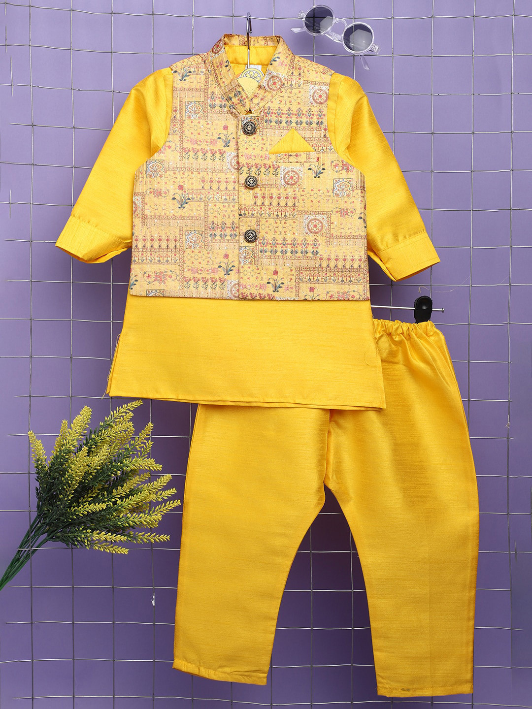 

V-Mart Infants Boys Cotton Straight Kurta With Trousers 7 Printed Nehru Jacket, Yellow