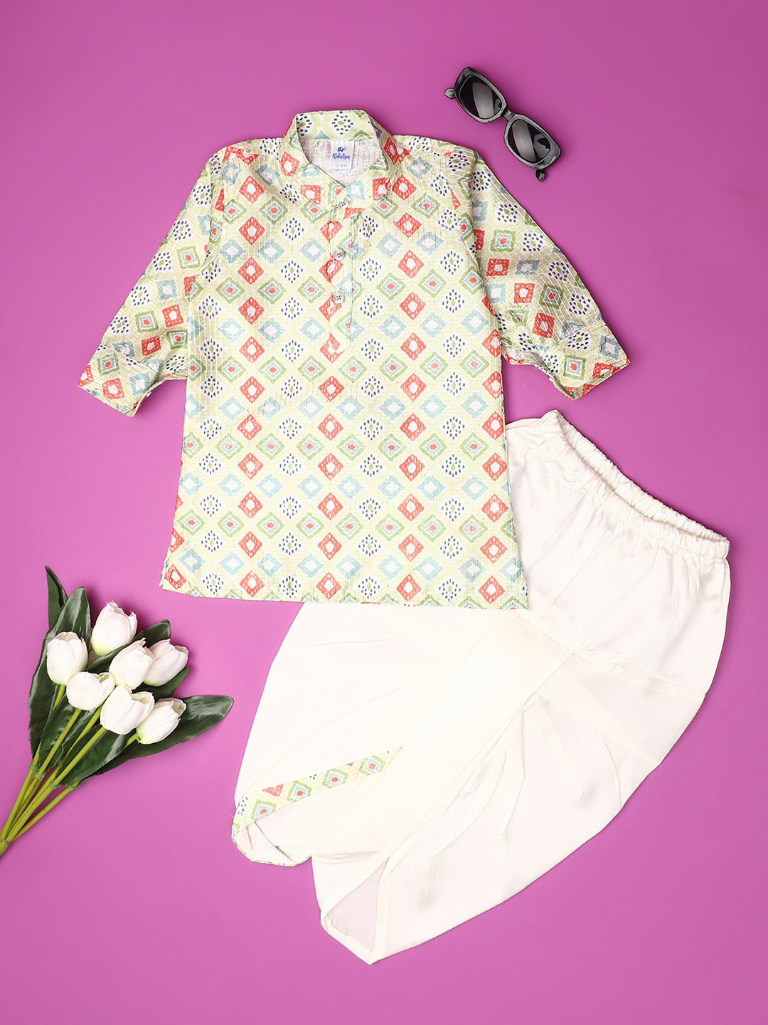 

V-Mart Infant Boys Printed Cotton Straight Kurta With Dhoti Pants Set, Green
