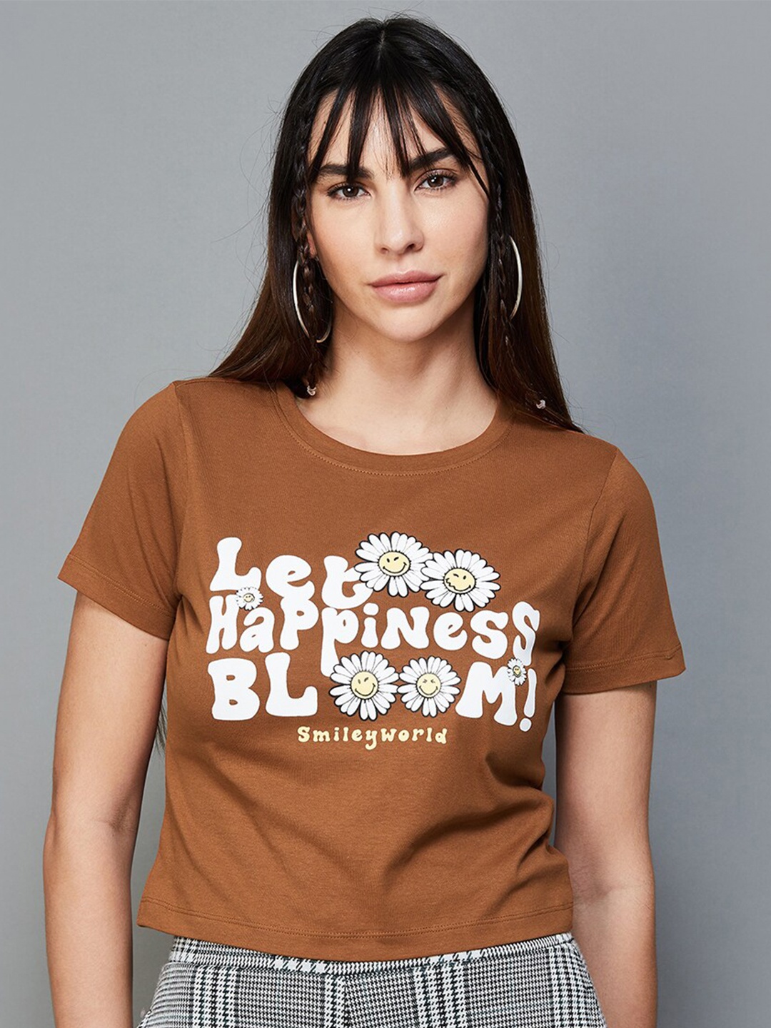 

SmileyWorld Typography Printed Pure Cotton T-shirt, Brown