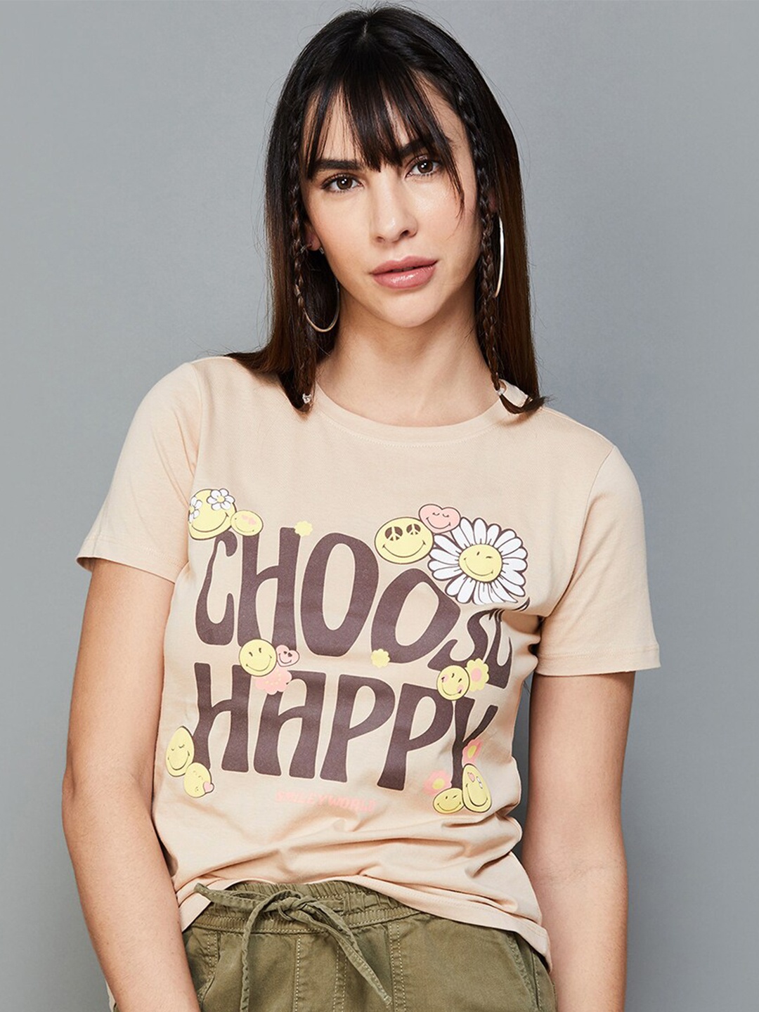 

SmileyWorld Typography Printed Pure Cotton T-shirt, Beige