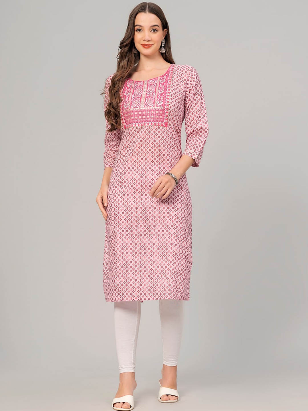 

JC4U Geometric Printed Cotton Thread Work Kurta, Pink