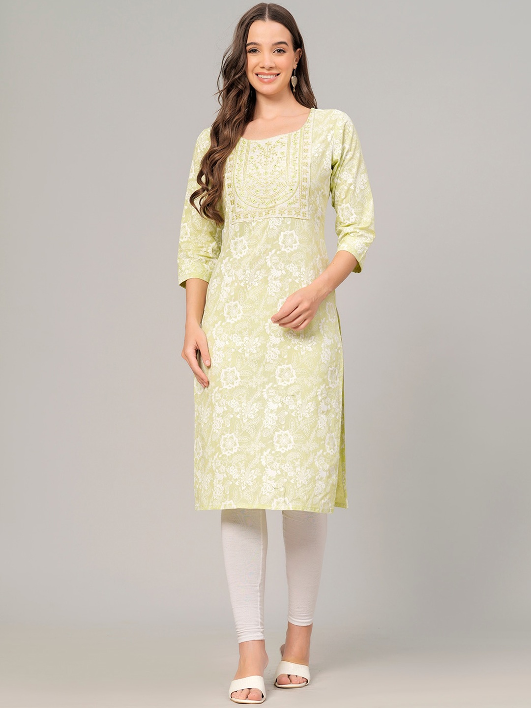 

JC4U Women Floral Printed Mirror Work Pure Cotton Straight Kurta, Green