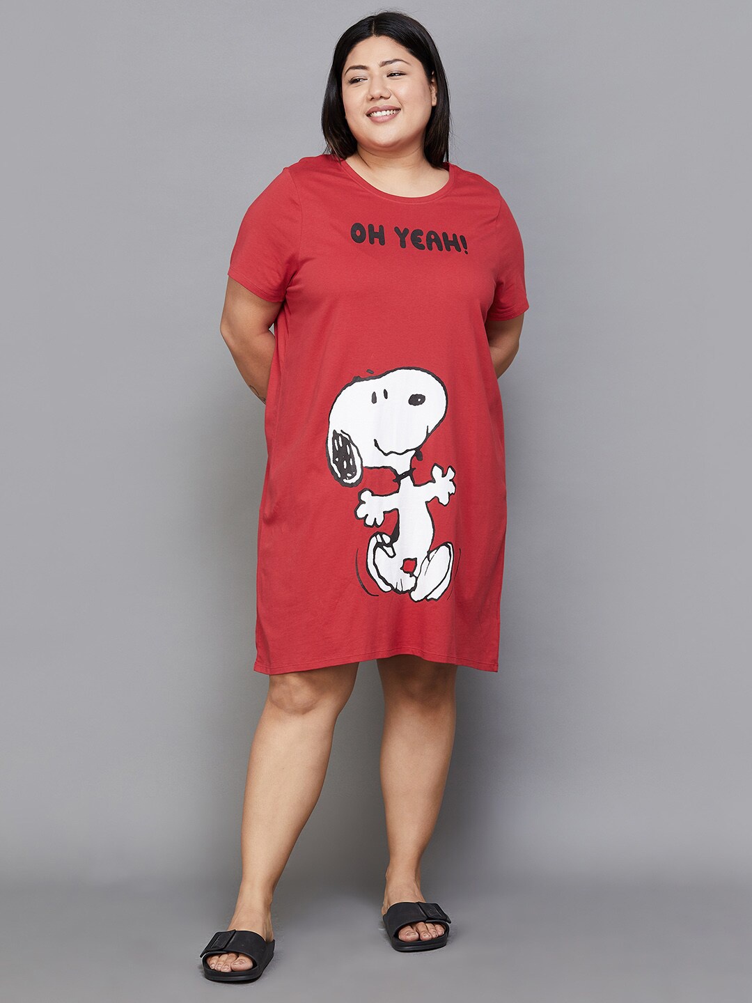 

Nexus by Lifestyle Plus Size Snoopy Printed Pure Cotton T-shirt Nightdress, Red