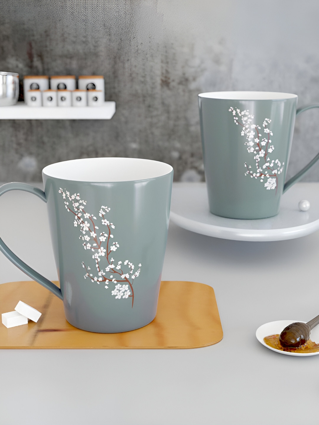 

The Earth Store Grey 2 Pcs Printed Microwave Safe Glossy Finish Ceramic Mugs 330 ml Each