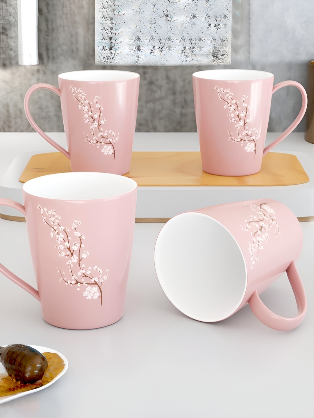 

The Earth Store Pink 4 Pcs Printed Microwave Safe Glossy Finish Ceramic Mugs 330 ml Each