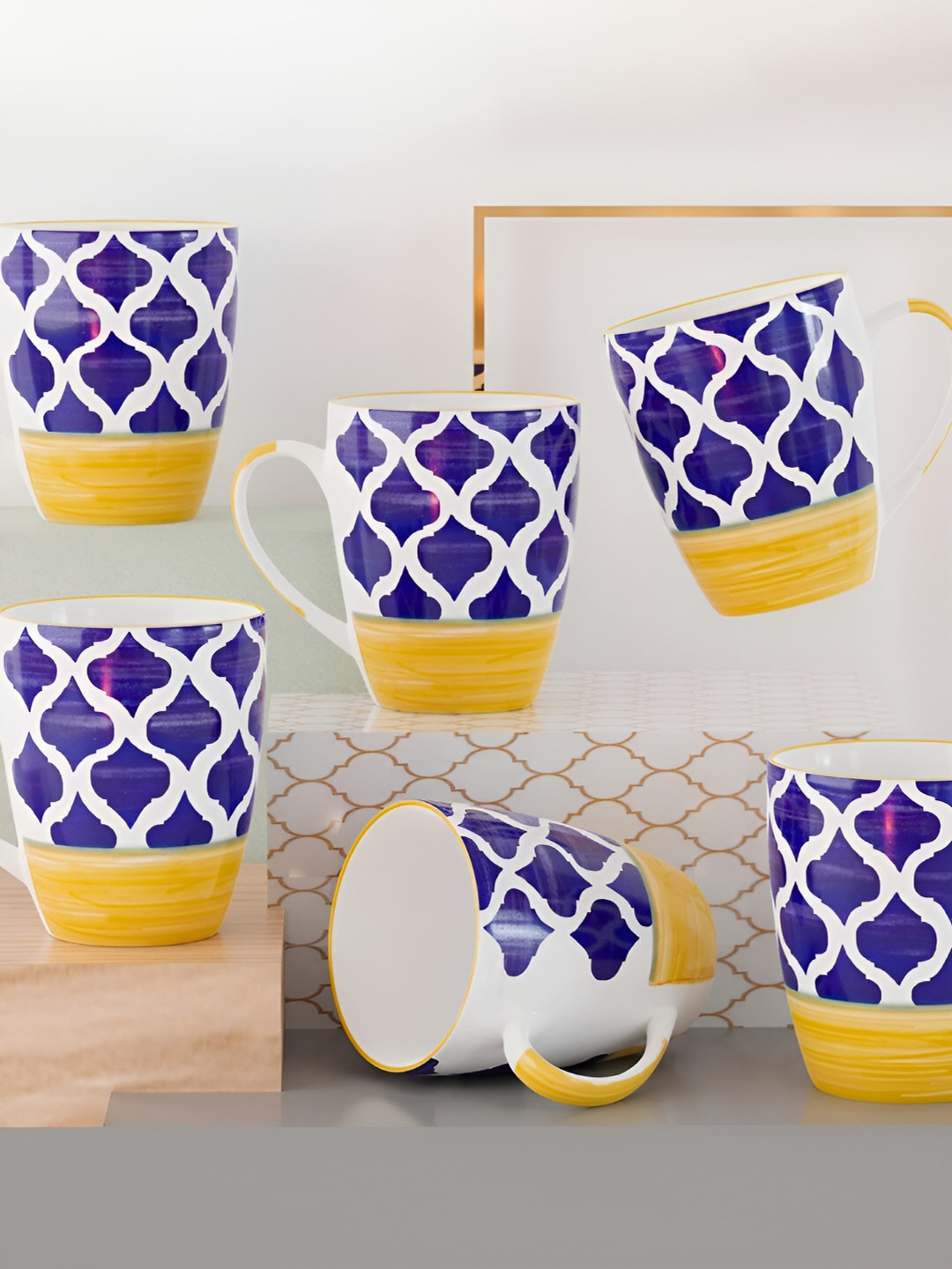 

The Earth Store Blue 6 Pcs Printed Microwave Safe Glossy Finish Ceramic Mugs 300 ml Each