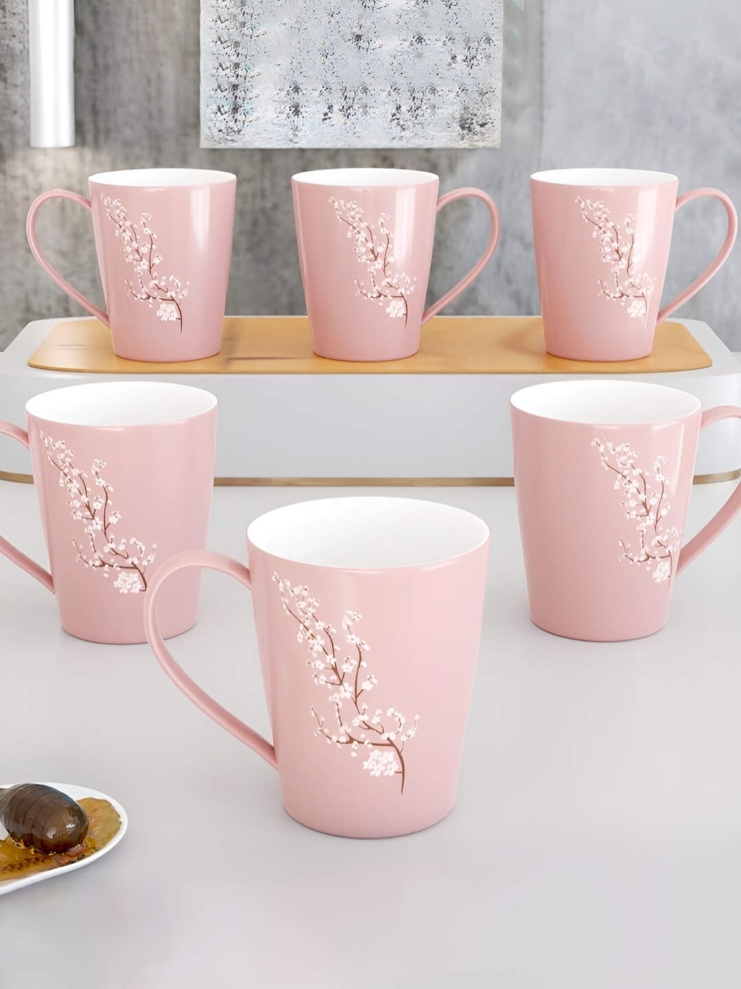 

The Earth Store Pink 6 Pcs Printed Microwave Safe Glossy Finish Ceramic Mugs 330 ml Each