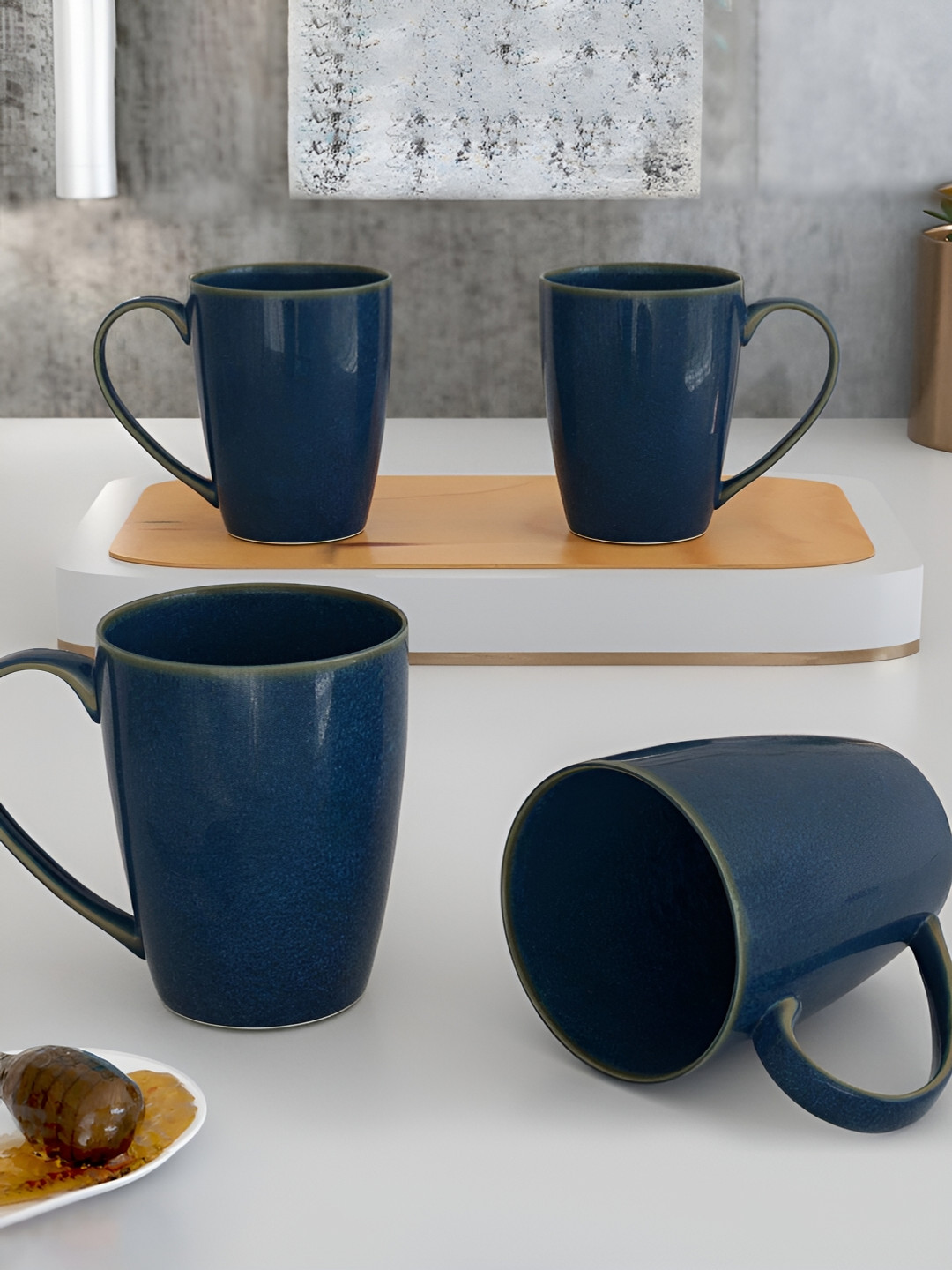 

The Earth Store Blue 4 Pieces Microwave Safe Glossy Finish Ceramic Mugs 340 ml Each
