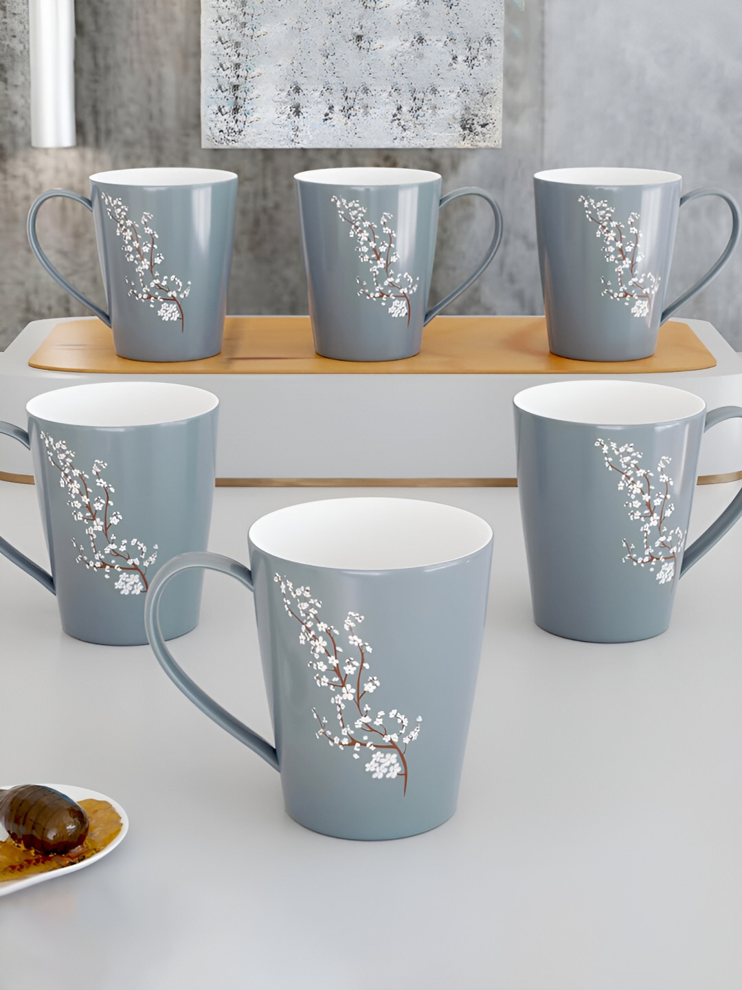

The Earth Store Grey 6 Pcs Printed Microwave Safe Glossy Finish Ceramic Mugs 330 ml Each