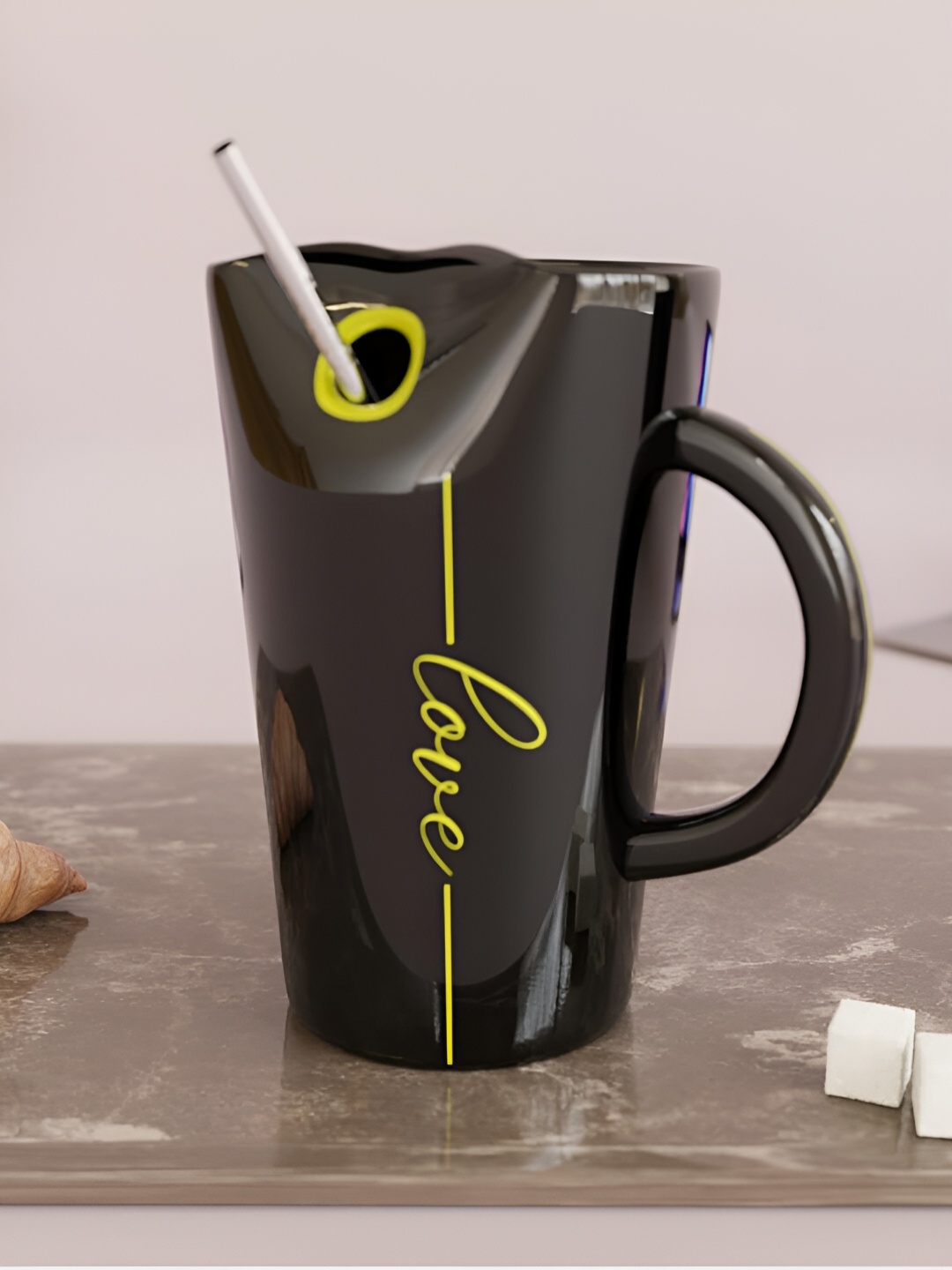 

The Earth Store Black Printed Microwave Safe Glossy Finish Ceramic Mug With Straw 460 ml