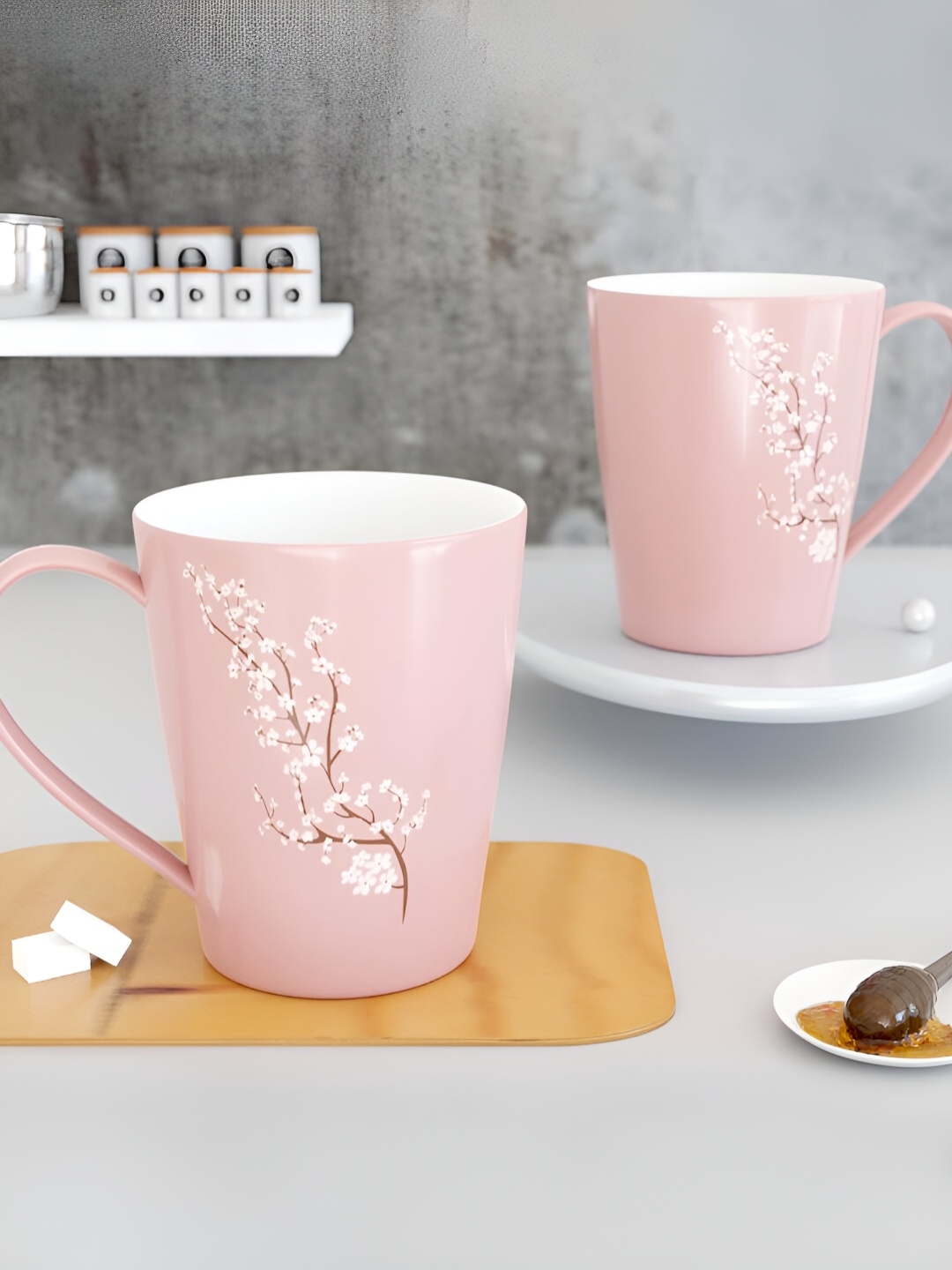 

The Earth Store Pink 2 Pcs Printed Microwave Safe Glossy Finish Ceramic Mugs 330 ml Each