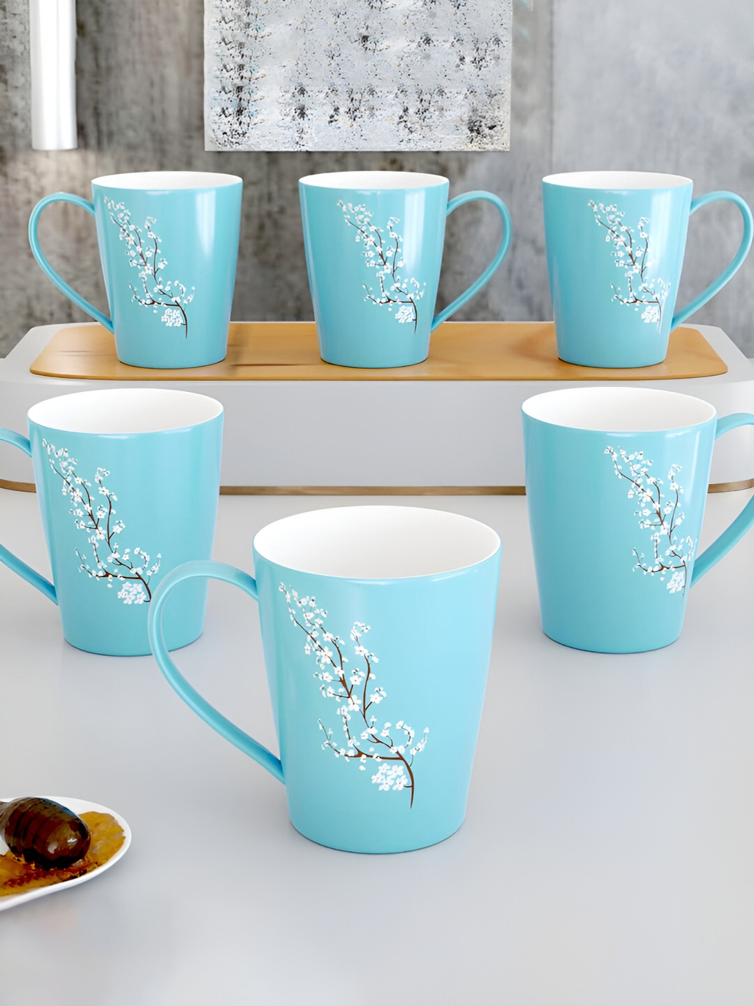 

The Earth Store Blue 6 Pcs Printed Microwave Safe Glossy Finish Ceramic Mugs 330 ml Each