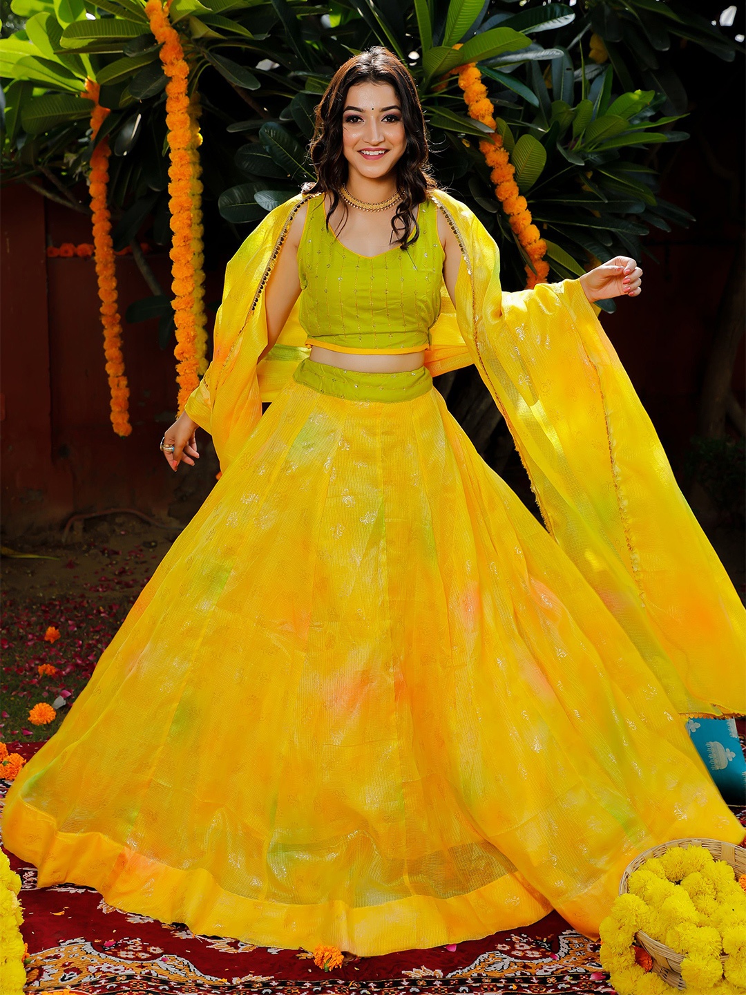 

Indi INSIDE Embroidered Ready to Wear Lehenga & Unstitched Blouse With Dupatta, Yellow