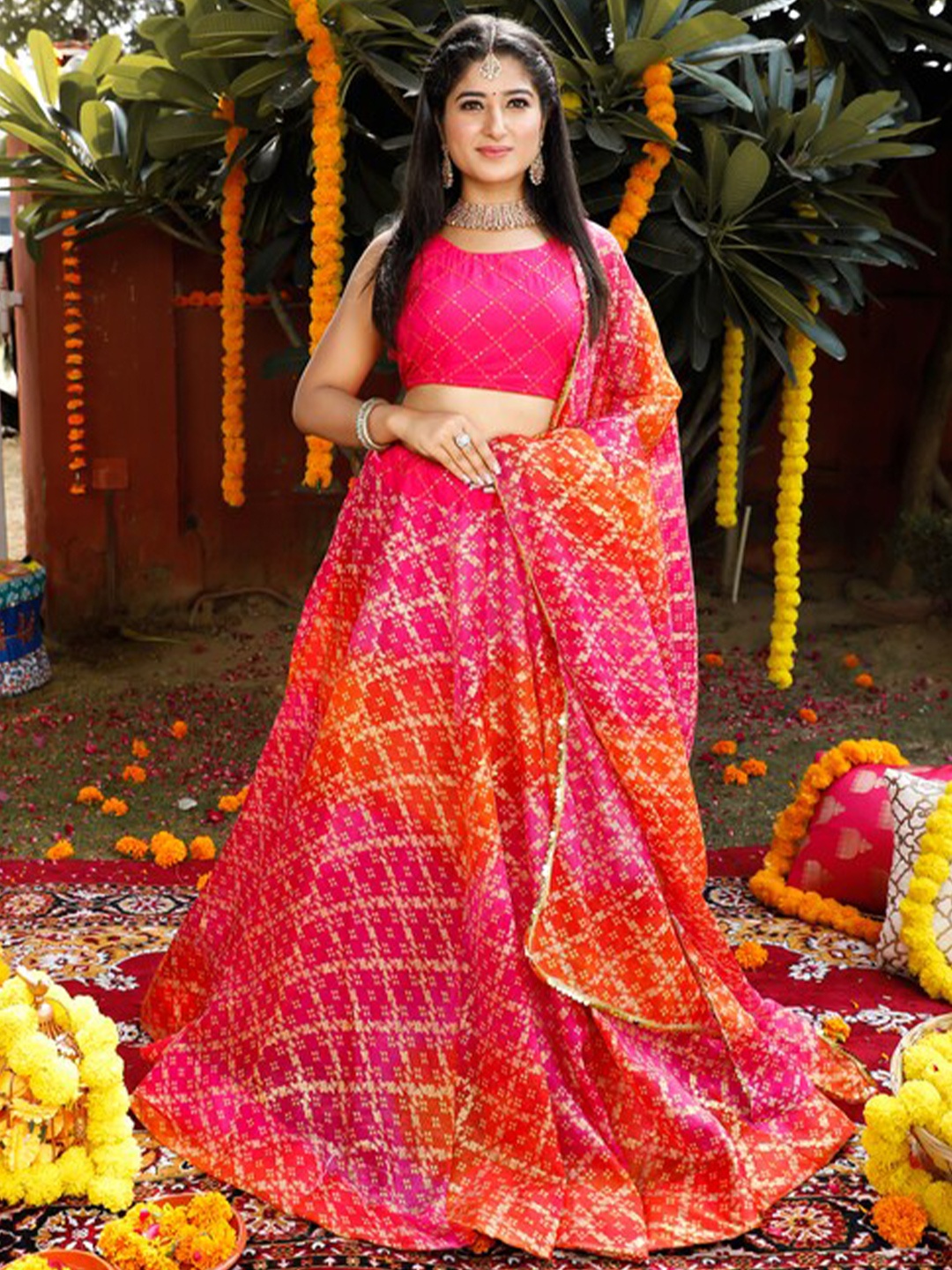 

Indi INSIDE Embroidered Ready to Wear Lehenga & Unstitched Blouse With Dupatta, Pink