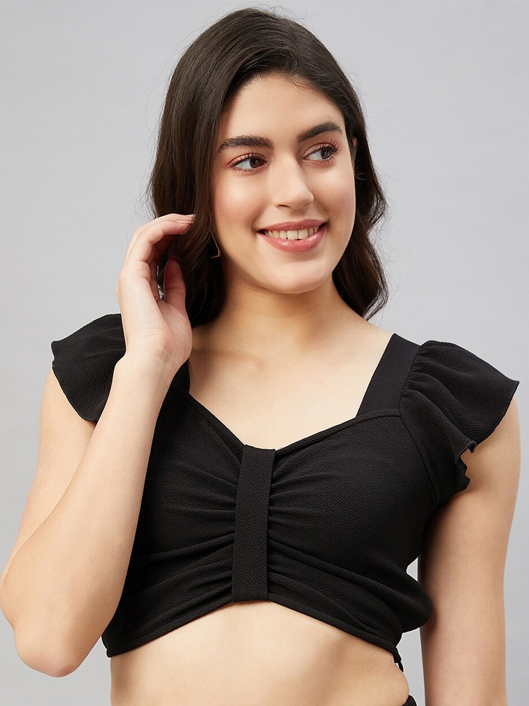 

Orchid Blues Flutter Sleeves Fitted Crop Top, Black