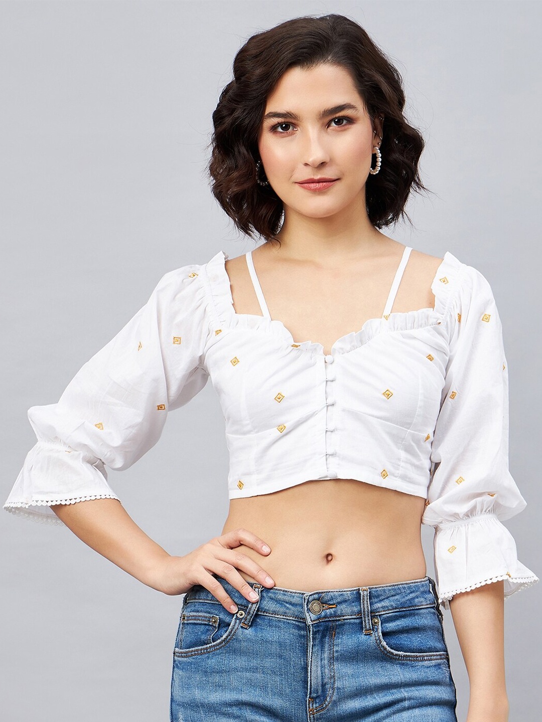 

Orchid Blues Geometric Embroidered Sweetheart Neck Bell Sleeves Crop Cotton Top, White