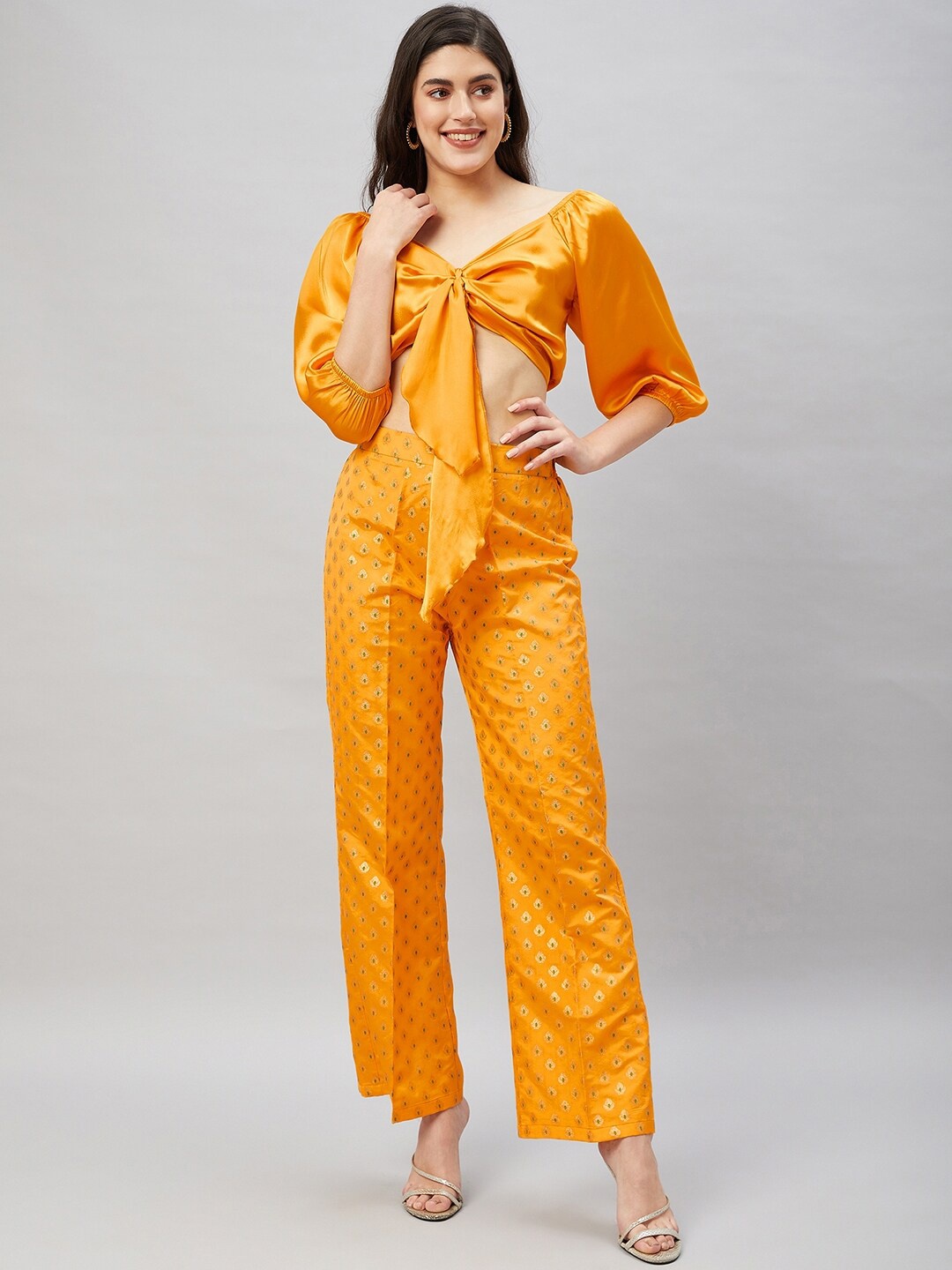 

Orchid Blues Puff Sleeves Front Knot Satin Crop Top, Yellow