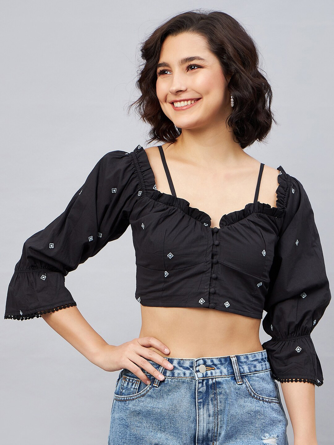 

Orchid Blues Geometric Embroidered Cotton Top, Black