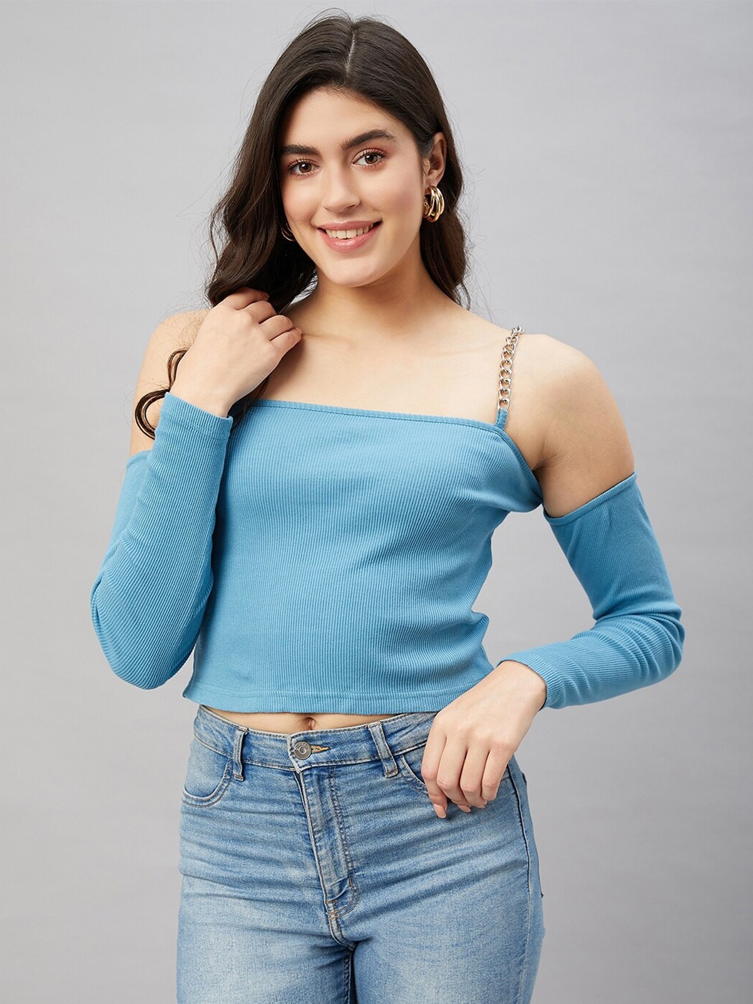 

Orchid Blues Chain Shoulder Fitted Crop Top, Blue