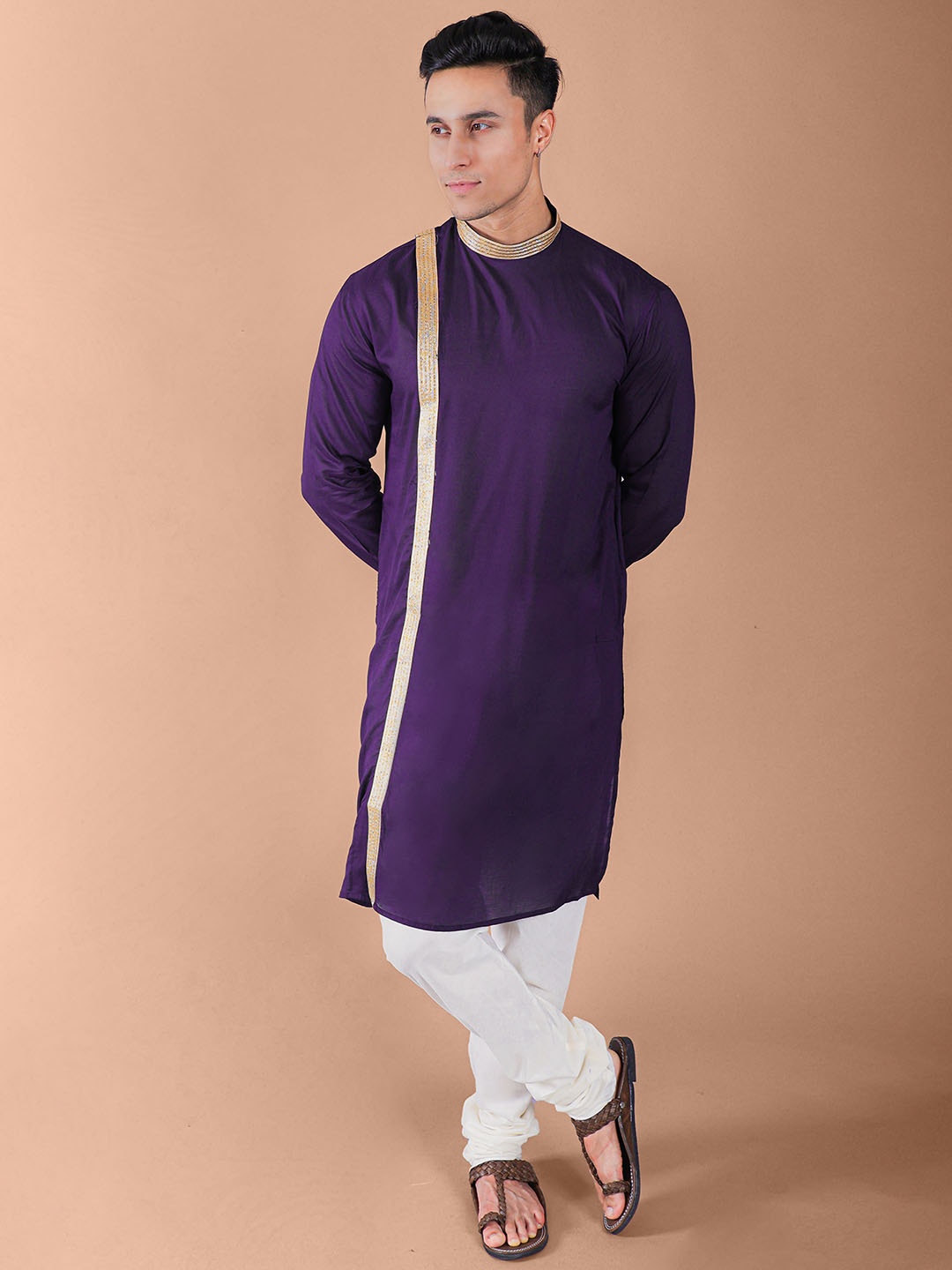 

VESHAM Mandarin Collar Zari Angrakha Kurta, Purple