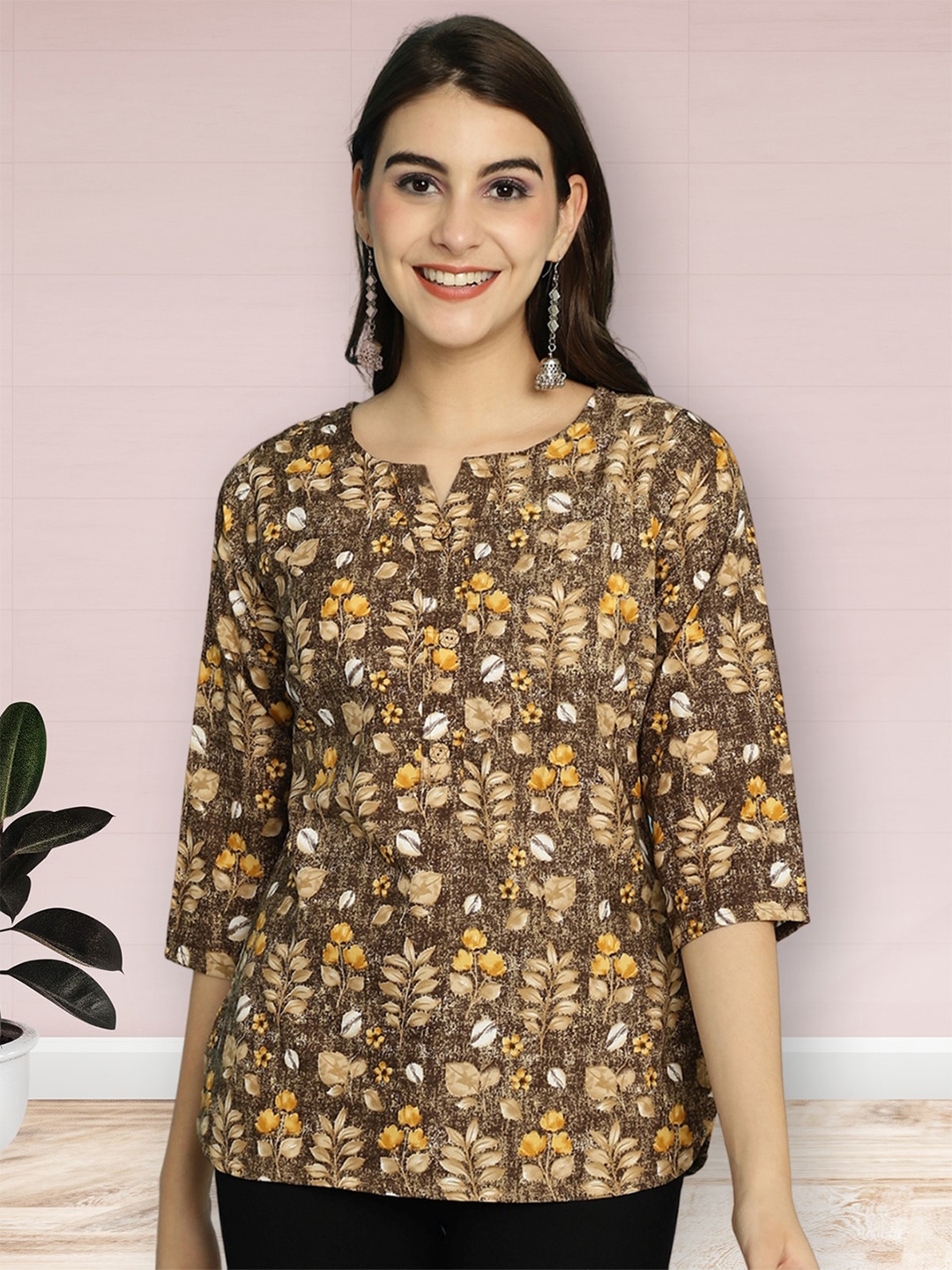 

Poshyaa Ethnic Printed Crepe Top, Brown