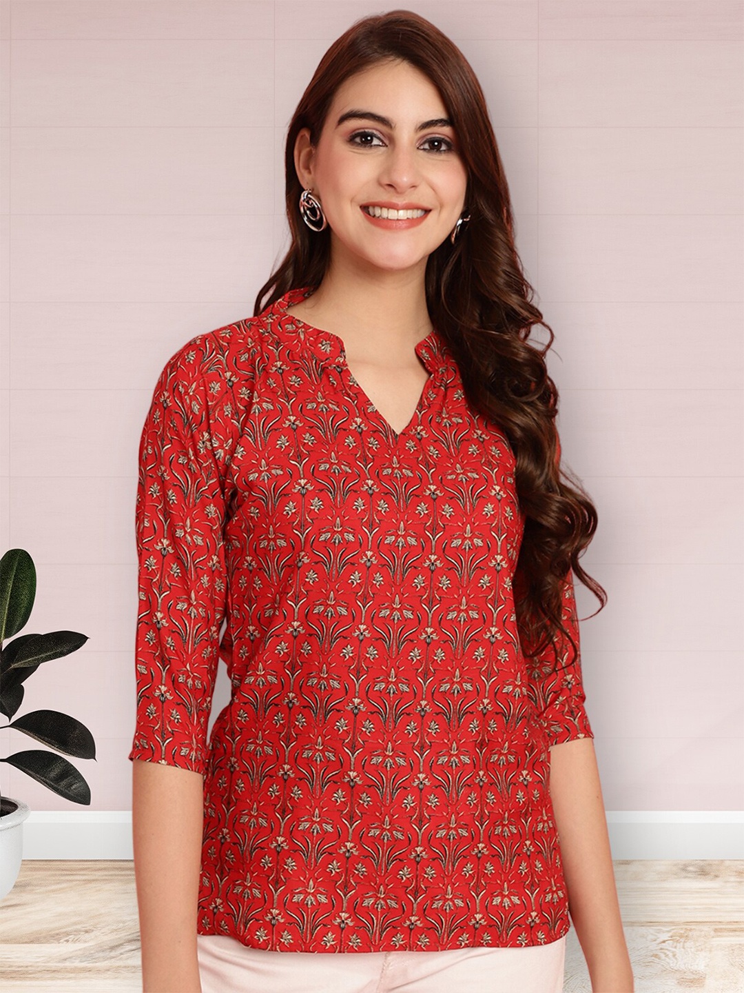 

Poshyaa Floral Printed Mandarin Collar Top, Red