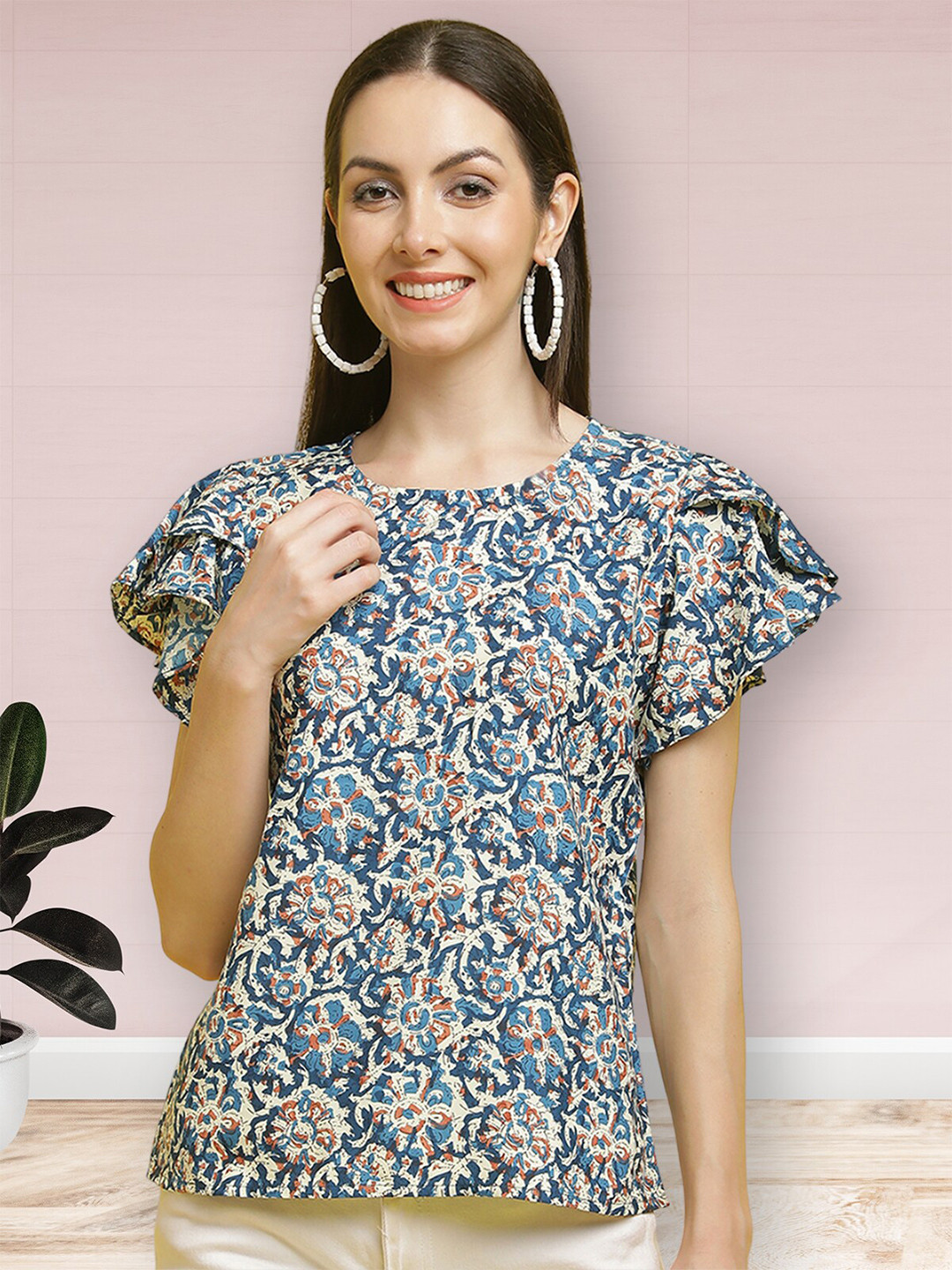 

Poshyaa Floral Printed Flutter Sleeves Top, Blue