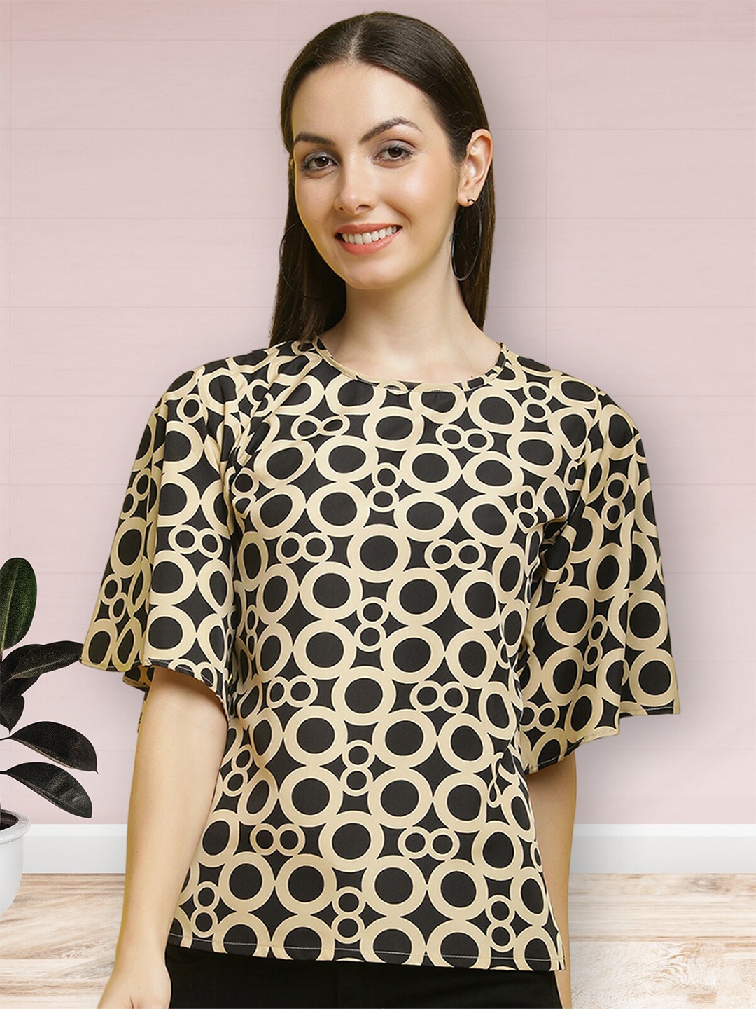 

Poshyaa Geometric Printed Flared Sleeves Top, Black