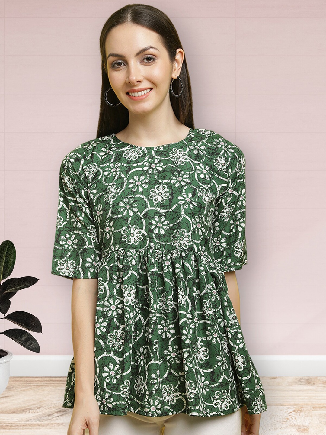 

Poshyaa Floral Printed Gathered Detail Top, Green