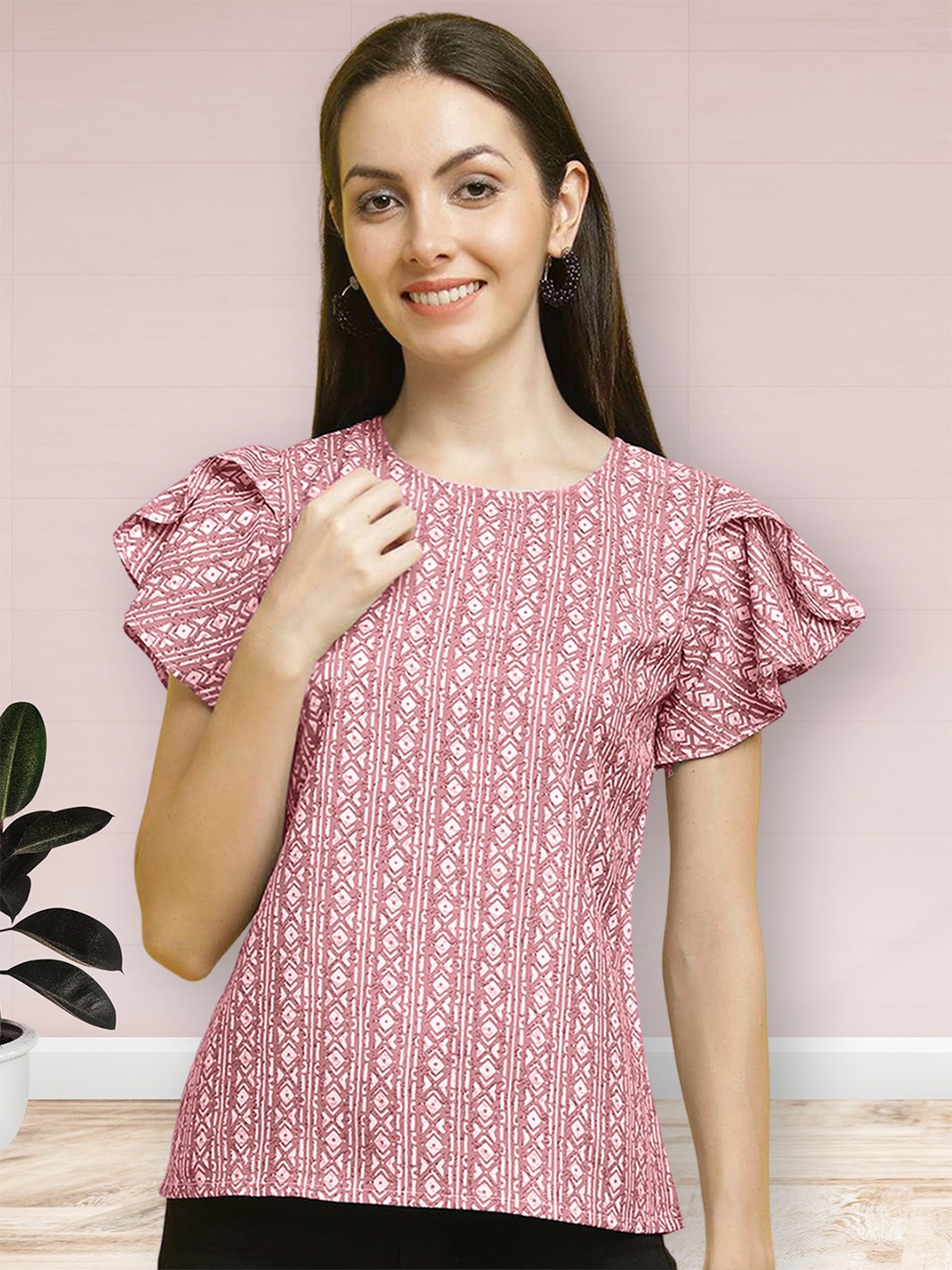 

Poshyaa Geometric Printed Flutter Sleeves Top, Peach
