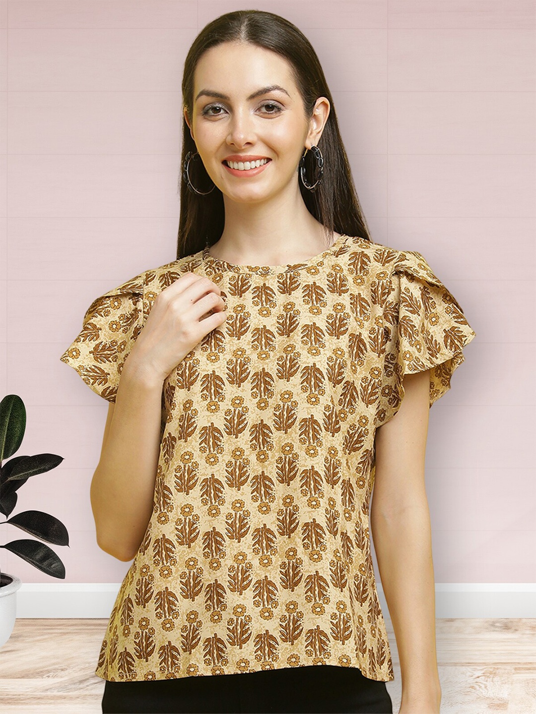 

Poshyaa Printed Ethnic Crepe Top, Brown