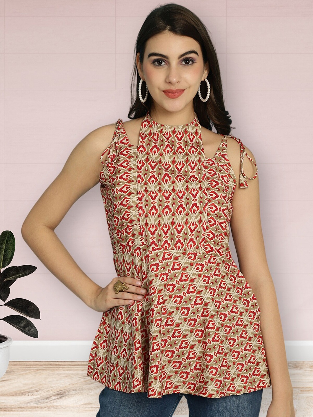 

Poshyaa Printed Ethnic Crepe Peplum Top, Brown