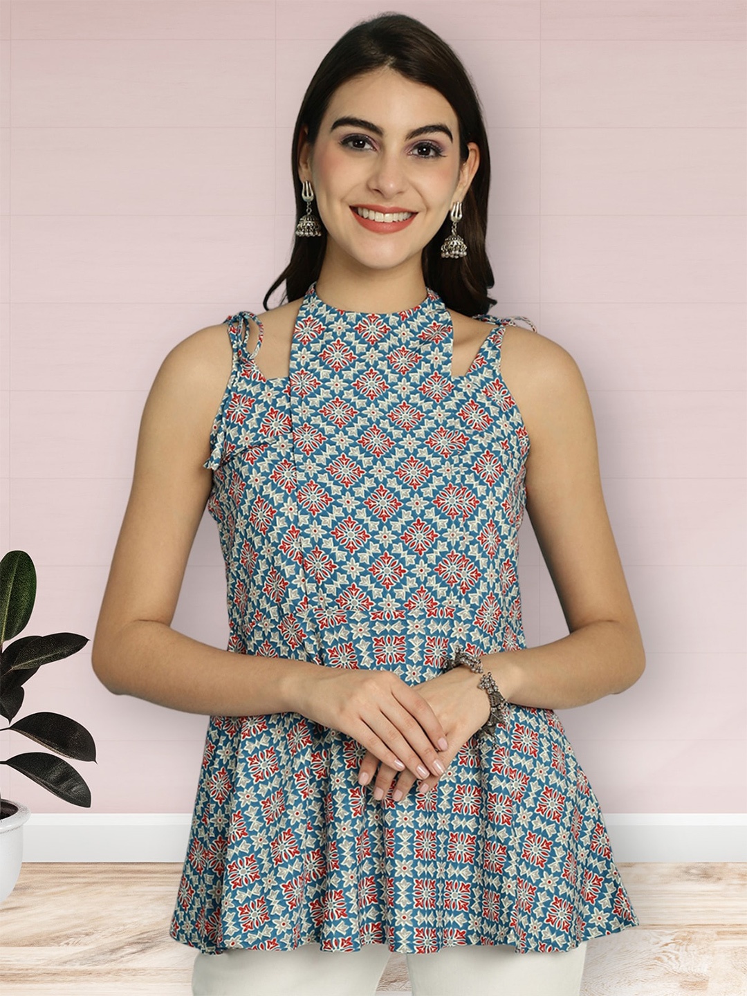 

Poshyaa Printed Ethnic Crepe Peplum Top, Blue